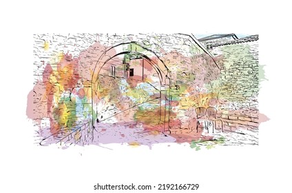 Building view with landmark of Novigrad is a free city within Redania. Watercolor splash with hand drawn sketch illustration in vector.