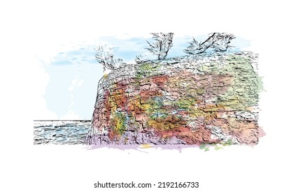 Building view with landmark of Novigrad is a free city within Redania. Watercolor splash with hand drawn sketch illustration in vector.