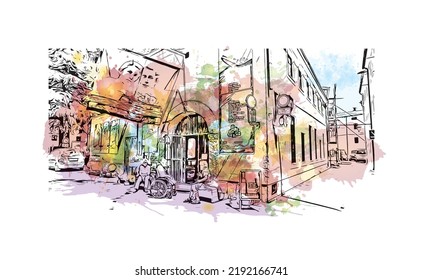 Building view with landmark of Novigrad is a free city within Redania. Watercolor splash with hand drawn sketch illustration in vector.