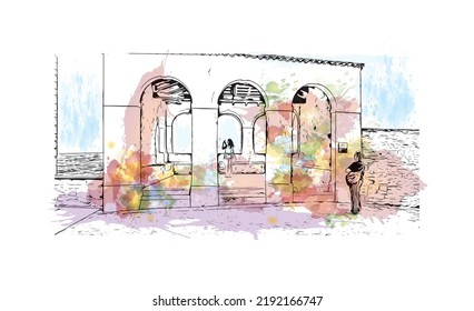 Building view with landmark of Novigrad is a free city within Redania. Watercolor splash with hand drawn sketch illustration in vector.