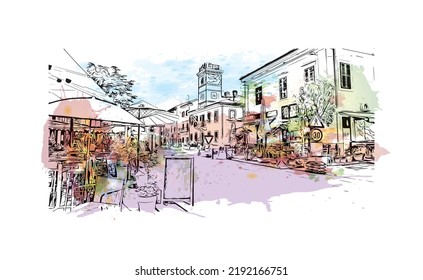 Building view with landmark of Novigrad is a free city within Redania. Watercolor splash with hand drawn sketch illustration in vector.