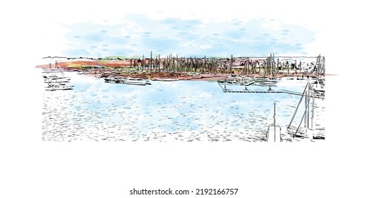 Building view with landmark of Novigrad is a free city within Redania. Watercolor splash with hand drawn sketch illustration in vector.