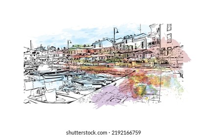 Building view with landmark of Novigrad is a free city within Redania. Watercolor splash with hand drawn sketch illustration in vector.