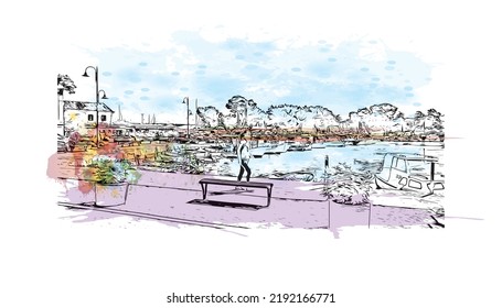 Building view with landmark of Novigrad is a free city within Redania. Watercolor splash with hand drawn sketch illustration in vector.