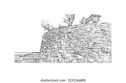 Building view with landmark of Novigrad is a free city within Redania. Hand drawn sketch illustration in vector.