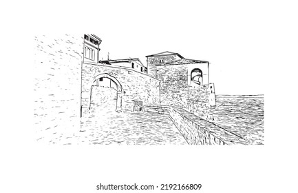 Building view with landmark of Novigrad is a free city within Redania. Hand drawn sketch illustration in vector.