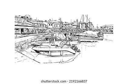 Building view with landmark of Novigrad is a free city within Redania. Hand drawn sketch illustration in vector.