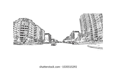 Building view with landmark of Novosibirsk is a city in Siberia, southern Russia, bisected by the Ob River. Hand drawn sketch illustration in vector.