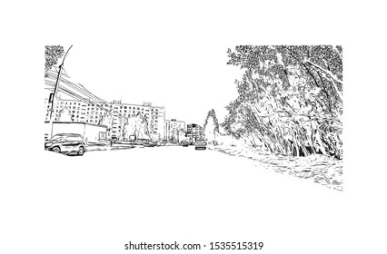 Building view with landmark of Novosibirsk is a city in Siberia, southern Russia, bisected by the Ob River. Hand drawn sketch illustration in vector.