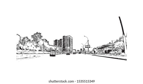 Building view with landmark of Novosibirsk is a city in Siberia, southern Russia, bisected by the Ob River. Hand drawn sketch illustration in vector.