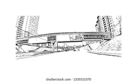 Building view with landmark of Novosibirsk is a city in Siberia, southern Russia, bisected by the Ob River. Hand drawn sketch illustration in vector.
