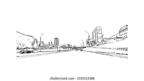 Building view with landmark of Novosibirsk is a city in Siberia, southern Russia, bisected by the Ob River. Hand drawn sketch illustration in vector.