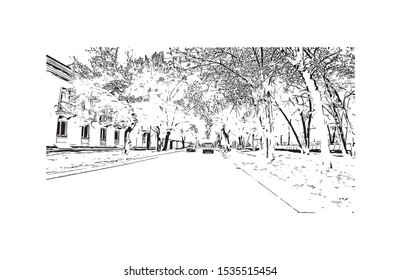 Building view with landmark of Novosibirsk is a city in Siberia, southern Russia, bisected by the Ob River. Hand drawn sketch illustration in vector.