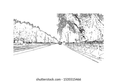 Building view with landmark of Novosibirsk is a city in Siberia, southern Russia, bisected by the Ob River. Hand drawn sketch illustration in vector.