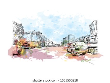 Building view with landmark of Novosibirsk is a city in Siberia, southern Russia, bisected by the Ob River. Watercolor splash with Hand drawn sketch illustration in vector.