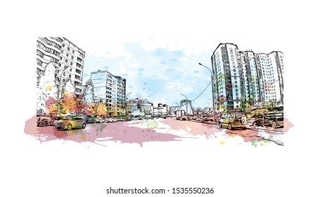 Building view with landmark of Novosibirsk is a city in Siberia, southern Russia, bisected by the Ob River. Watercolor splash with Hand drawn sketch illustration in vector.