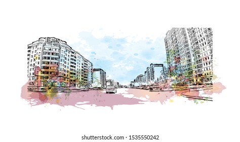 Building view with landmark of Novosibirsk is a city in Siberia, southern Russia, bisected by the Ob River. Watercolor splash with Hand drawn sketch illustration in vector.