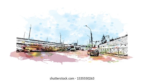 Building view with landmark of Novosibirsk is a city in Siberia, southern Russia, bisected by the Ob River. Watercolor splash with Hand drawn sketch illustration in vector.