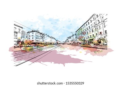 Building view with landmark of Novosibirsk is a city in Siberia, southern Russia, bisected by the Ob River. Watercolor splash with Hand drawn sketch illustration in vector.