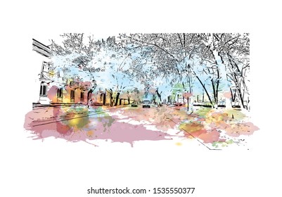 Building view with landmark of Novosibirsk is a city in Siberia, southern Russia, bisected by the Ob River. Watercolor splash with Hand drawn sketch illustration in vector.