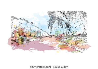 Building view with landmark of Novosibirsk is a city in Siberia, southern Russia, bisected by the Ob River. Watercolor splash with Hand drawn sketch illustration in vector.