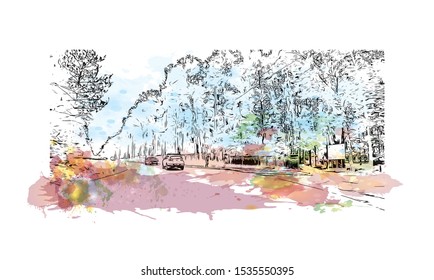 Building view with landmark of Novosibirsk is a city in Siberia, southern Russia, bisected by the Ob River. Watercolor splash with Hand drawn sketch illustration in vector.