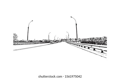 Building view with landmark of Novosibirsk is a city in Siberia, southern Russia, bisected by the Ob River. Hand drawn sketch illustration in vector.