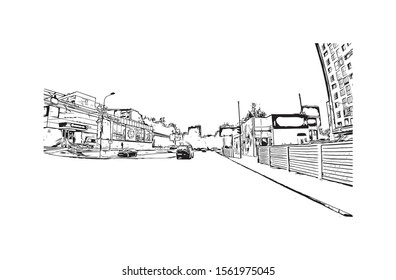 Building view with landmark of Novosibirsk is a city in Siberia, southern Russia, bisected by the Ob River. Hand drawn sketch illustration in vector.