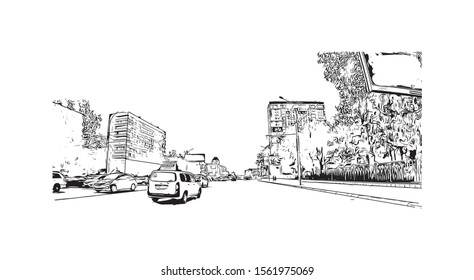 Building view with landmark of Novosibirsk is a city in Siberia, southern Russia, bisected by the Ob River. Hand drawn sketch illustration in vector.