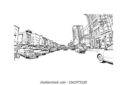 Building view with landmark of Novosibirsk is a city in Siberia, southern Russia, bisected by the Ob River. Hand drawn sketch illustration in vector.