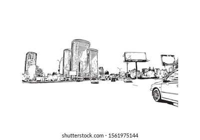 Building view with landmark of Novosibirsk is a city in Siberia, southern Russia, bisected by the Ob River. Hand drawn sketch illustration in vector.