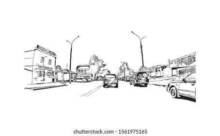 Building view with landmark of Novosibirsk is a city in Siberia, southern Russia, bisected by the Ob River. Hand drawn sketch illustration in vector.