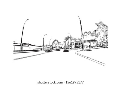 Building view with landmark of Novosibirsk is a city in Siberia, southern Russia, bisected by the Ob River. Hand drawn sketch illustration in vector.