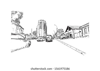 Building view with landmark of Novosibirsk is a city in Siberia, southern Russia, bisected by the Ob River. Hand drawn sketch illustration in vector.