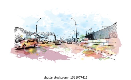 Building view with landmark of Novosibirsk is a city in Siberia, southern Russia, bisected by the Ob River. Watercolor splash with Hand drawn sketch illustration in vector.