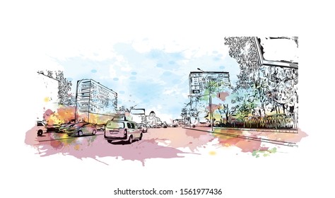 Building view with landmark of Novosibirsk is a city in Siberia, southern Russia, bisected by the Ob River. Watercolor splash with Hand drawn sketch illustration in vector.