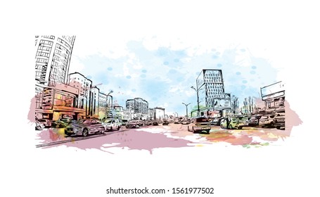 Building view with landmark of Novosibirsk is a city in Siberia, southern Russia, bisected by the Ob River. Watercolor splash with Hand drawn sketch illustration in vector.