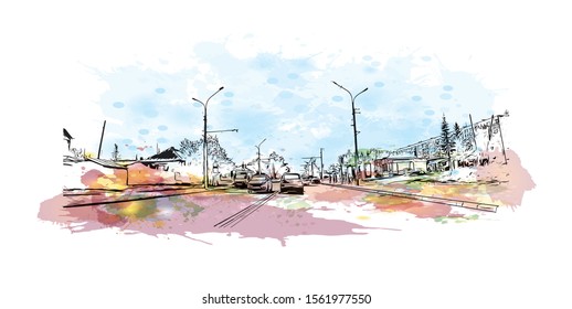 Building view with landmark of Novosibirsk is a city in Siberia, southern Russia, bisected by the Ob River. Watercolor splash with Hand drawn sketch illustration in vector.