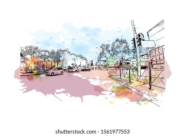 Building view with landmark of Novosibirsk is a city in Siberia, southern Russia, bisected by the Ob River. Watercolor splash with Hand drawn sketch illustration in vector.