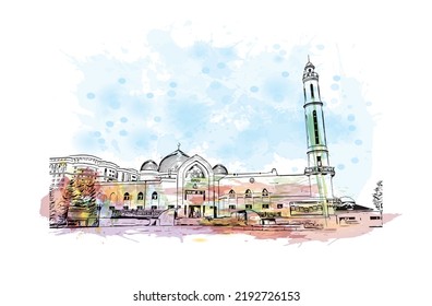 Building view with landmark of Nur Sultan is the 
capital of Kazakhstan. Watercolor splash with hand drawn sketch illustration in vector.