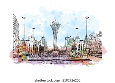 Building view with landmark of Nur Sultan is the 
capital of Kazakhstan. Watercolor splash with hand drawn sketch illustration in vector.