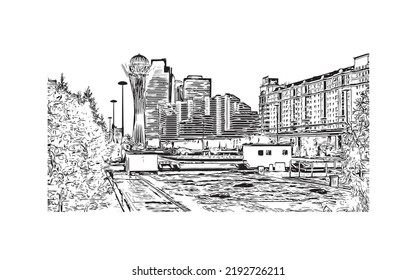 Building view with landmark of Nur Sultan is the 
capital of Kazakhstan. Hand drawn sketch illustration in vector.