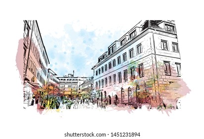 Building view with landmark of  Nuremberg, a city in northern Bavaria, Germany. Watercolor splash with Hand dawn sketch illustration in vector.