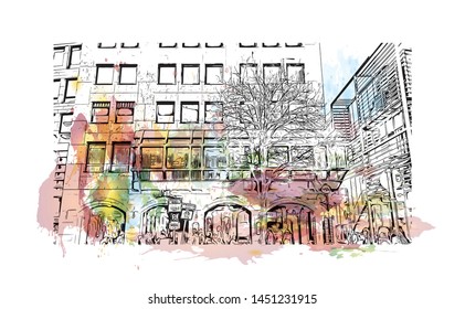 Building view with landmark of  Nuremberg, a city in northern Bavaria, Germany. Watercolor splash with Hand dawn sketch illustration in vector.