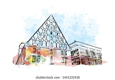 Building view with landmark of  Nuremberg, a city in northern Bavaria, Germany. Watercolor splash with Hand dawn sketch illustration in vector.