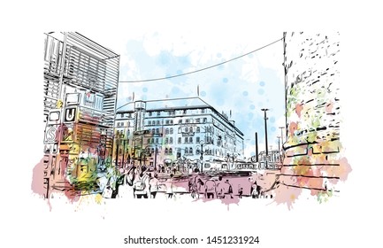 Building view with landmark of  Nuremberg, a city in northern Bavaria, Germany. Watercolor splash with Hand dawn sketch illustration in vector.