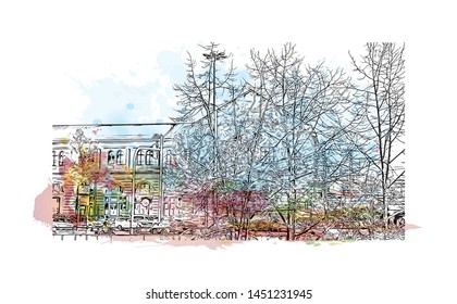 Building view with landmark of  Nuremberg, a city in northern Bavaria, Germany. Watercolor splash with Hand dawn sketch illustration in vector.
