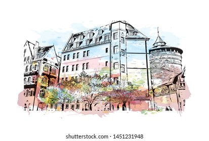 Building view with landmark of  Nuremberg, a city in northern Bavaria, Germany. Watercolor splash with Hand dawn sketch illustration in vector.