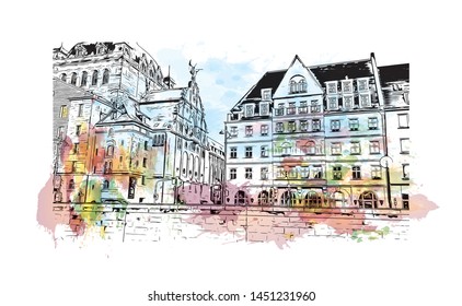Building view with landmark of  Nuremberg, a city in northern Bavaria, Germany. Watercolor splash with Hand dawn sketch illustration in vector.