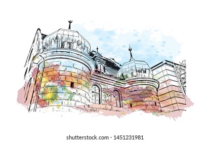 Building view with landmark of  Nuremberg, a city in northern Bavaria, Germany. Watercolor splash with Hand dawn sketch illustration in vector.